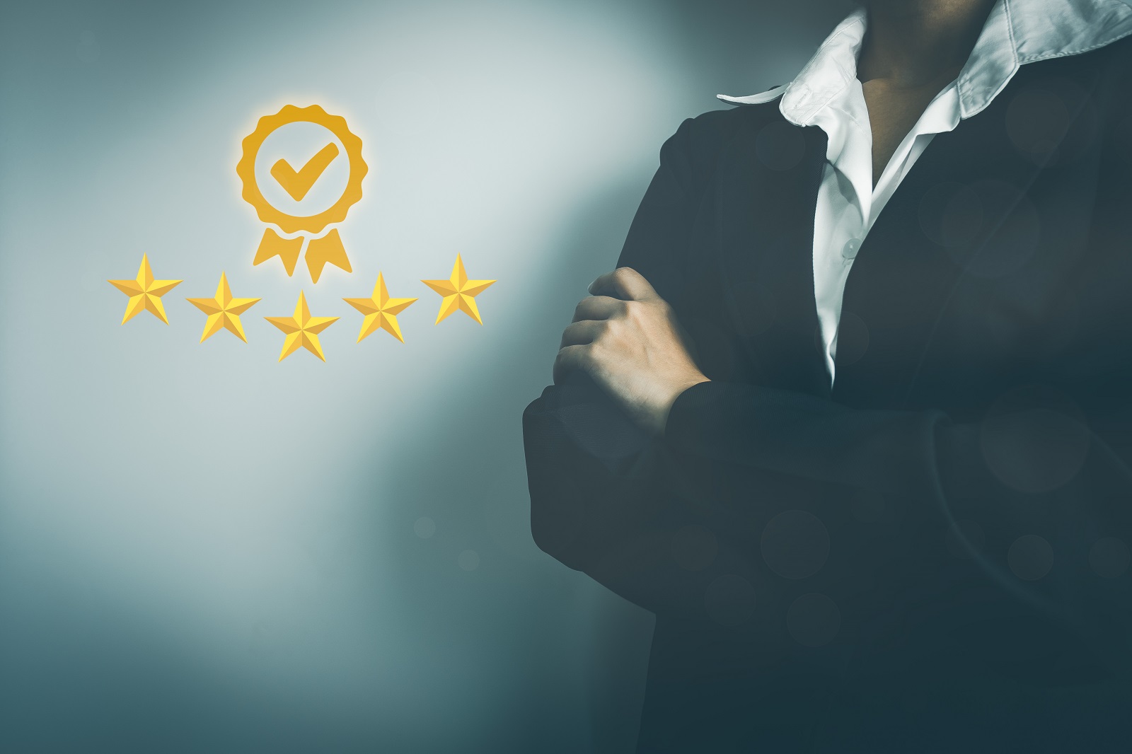 1600businesswoman showing symbol top service 5 star quality assurance excellent warranty world standard iso certification development improve quality organization concept